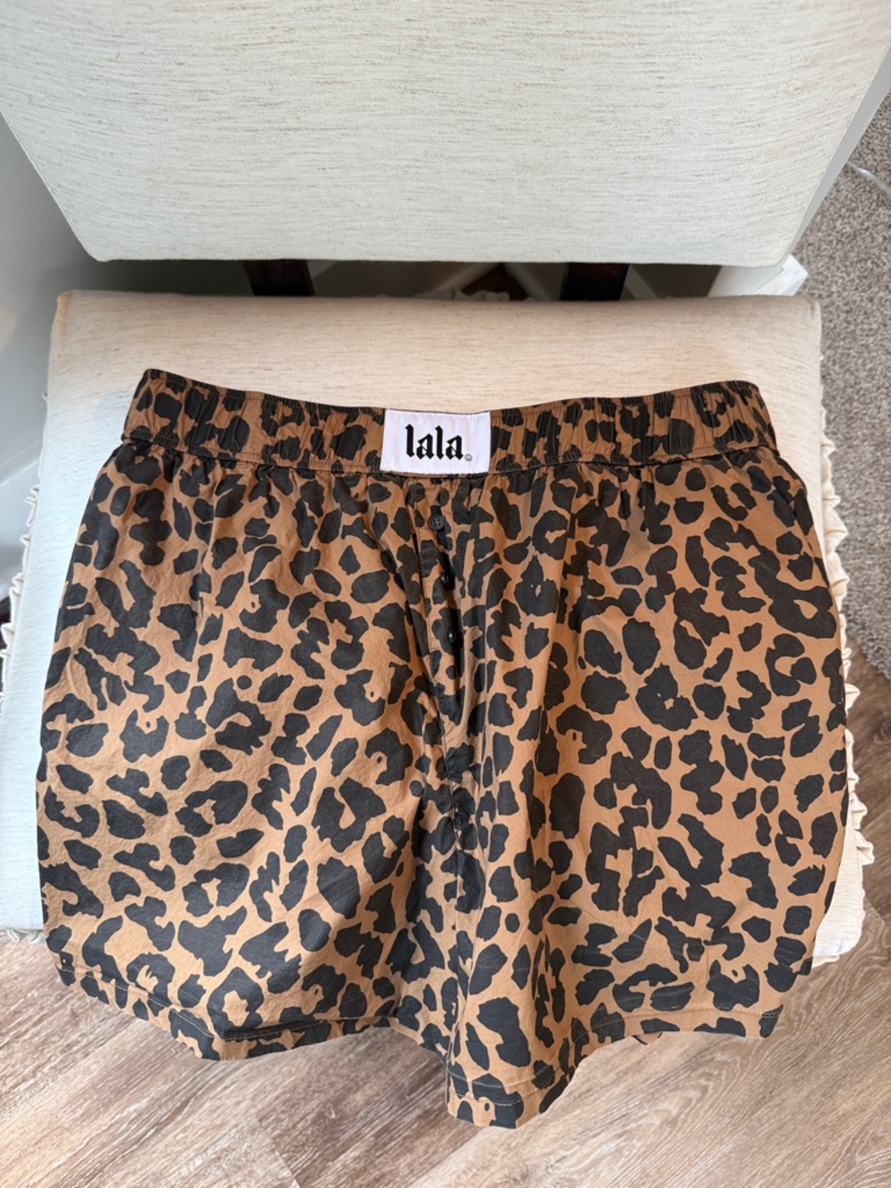 Dressed in Lala-100% cotton-Leopard Print Boxer Shorts with pockets.
